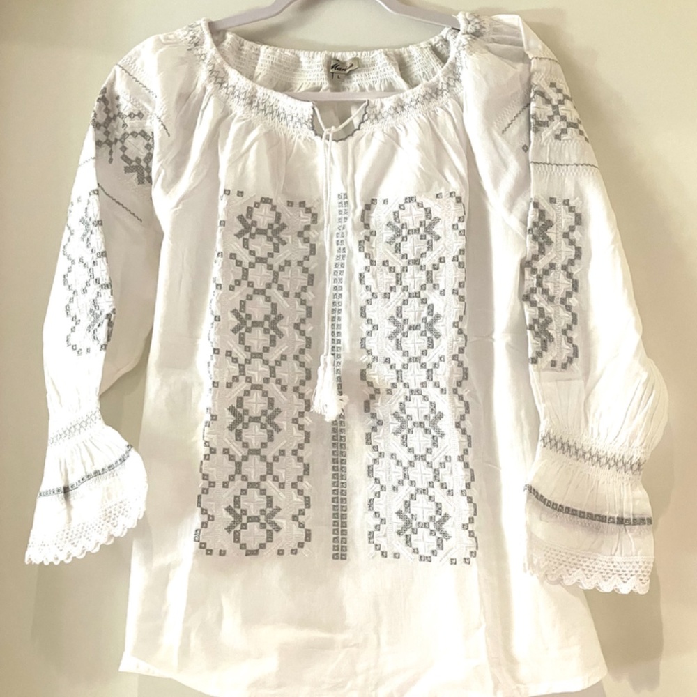 NEW Silver-Thread Embroidered Cotton Woven Artisanal Blouse - Snow White